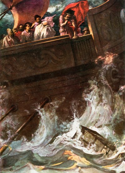 La reina arrojada por la borda. Pericles, Príncipe de Tiro - Acto III, Escena 1, c.1925 (litografía en color) de Norman Mills Price