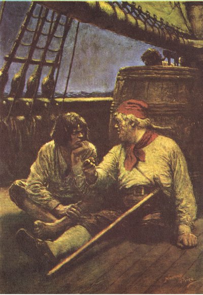 El barril tembló cuando apoyó su hombro en él, de La isla del tesoro publicada por MacDonald 1947 (litografía en color) de Norman Mills Price
