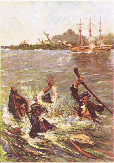 El barco se hundió por la popa en un metro de agua, de la Isla del Tesoro publicada por MacDonald 1947 (litografía en color) de Norman Mills Price