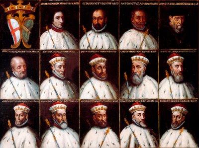 Escudo de armas de la República de Génova y retratos de los Dux - Simone Boccanegra, Ottaviano Fregoso y Antoniotto II Adorno; Andrea Doria. Oberto Cattaneo Lazzari, Battista Spinola, Battista Lomellini, Cristoforo Grilaldi Rosso, Giovanni Battista Doria de Northern Italian School