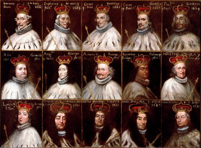 Escudo de armas de la República de Génova y retratos de los Dux. Antoniotto Invrea, Stefano de Mari, Cesare Durazzo, Cesare Gentile, Francesco Garbarino, Alessandro Grimaldi, Agostino Saluzzo, Antonio Da Passano, Odon Giannettino, Agostino Spinola, Luca M de Northern Italian School