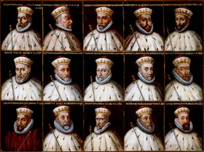 Escudo de armas de la República de Génova y retratos de los Dux. Gio. Battista Gentile Pignolo, Nicolò Doria, Gerolamo De Franchi Toso, Gerolamo Chiavari, Ambrogio Di Negro, Davide Vacca (o Vaccari), Battista Negrone, Gio Giustiniani Campi, Antonio Grimald de Northern Italian School