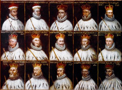 Escudo de armas de la República de Génova y retratos de los dogos. Giovanni Stefano Doria, Francesco Gio. Brignole Sale, Agostino Pallavicini, Giov.Battista Durazzo, Agostino Giovanni De Marini, Giovan Battista Lercari, Luca Giustiniani, Giovanni Battista  de Northern Italian School