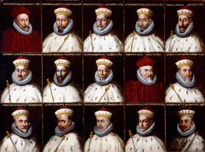 Escudo de armas de la República de Génova y retratos de los Dux. Silvestro Invrea, Gerolamo Assereto, Agostino Pinello Luciani, Alessandro Giustiniani Longo, Tomaso Spinola, Clavarezza Bernardo, Giovanni Giacomo Imperiale (Tartaro), Pietro Durazzo, Ambrogi de Northern Italian School