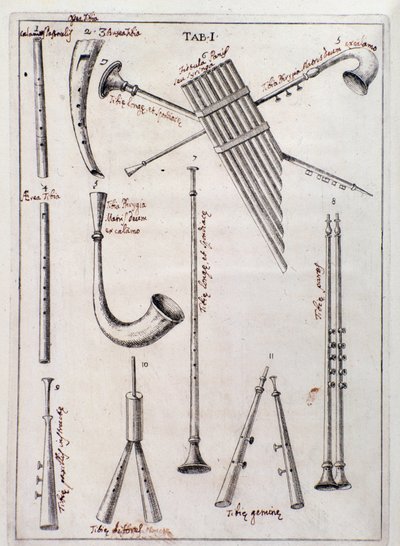 Instrumentos de viento. Página de "de Tribus Generibus Instrumentorum Musicae Veterum", obra sobre instrumentos antiguos de Francesco Bianchini de Northern Italian School