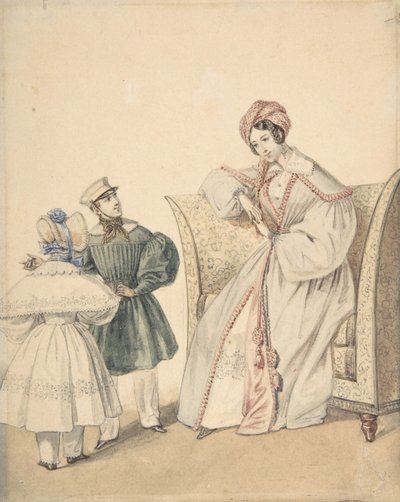 Dibujo de Moda con una Mujer Sentada en una Silla con un Niño y una Niña, siglo XIX de Numa Bassaget