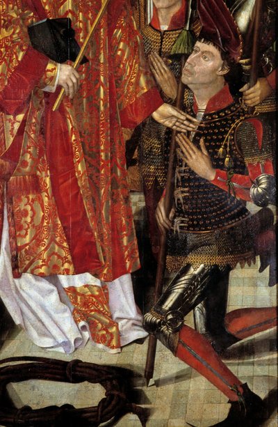 San Vicente, patrón de Lisboa. Políptico de San Vicente de Zaragoza rodeado de obispos y caballeros. (detalle) de Nuno Goncalves or Gonzalvez