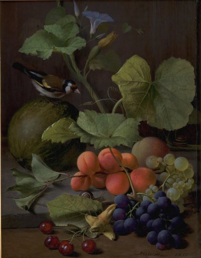 Naturaleza muerta con frutas y un jilguero de O.D. Ottesen
