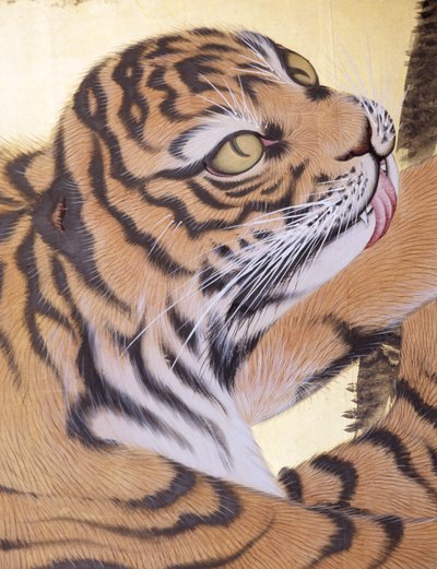 Tigres en un paisaje (tinta y color sobre pan de oro) de Obun Kunii