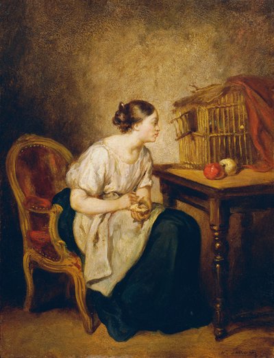 Mujer joven con jaula de Octave Nicolas Francois Tassaert