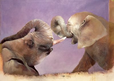 Elefantes jugando, 2001 (acrílico sobre lienzo) de Odile Kidd