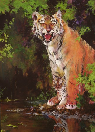 Madre y bebé II (Tigres) 1997 (acrílico y lápiz de color sobre papel) de Odile Kidd