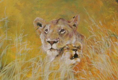 Madre y bebé I (Leones) 1995 (tintas, acrílicos y lápiz sobre papel) de Odile Kidd
