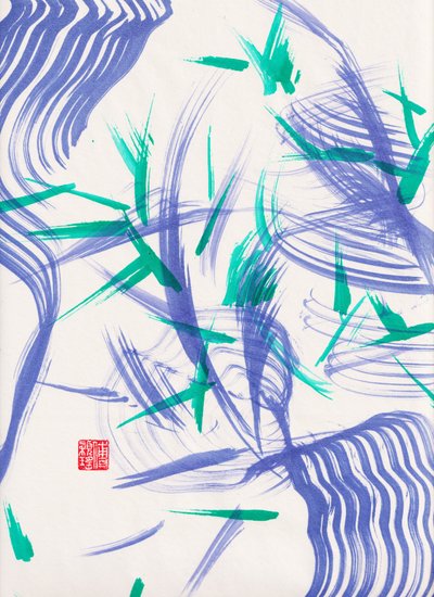 Zen Green Bamboo Abstraction 2, 2020 (acrílico sobre papel Xuan) de Odilia W. Y. Fu