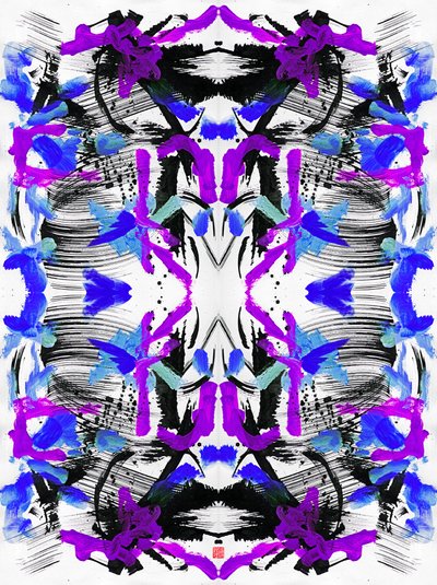 Zen Ink Blue Purple Floral Pattern, 2023 (acrílico sobre papel, digital) de Odilia W. Y. Fu
