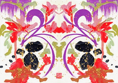 Zen Orange Purple Flowers 1, 2021 (acrílico sobre lienzo, digital) de Odilia W. Y. Fu