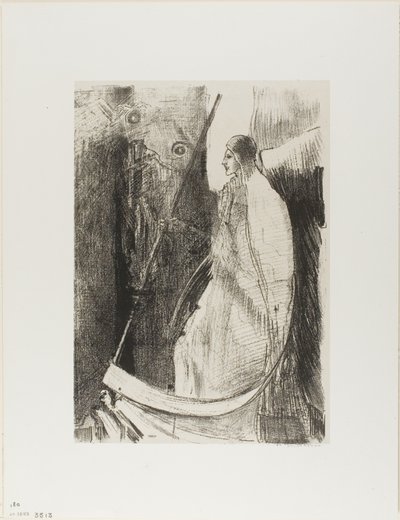 Y otro ángel salió del templo que está en el cielo, y él también tenía una hoz afilada, lámina 7 de 12 de Odilon Redon