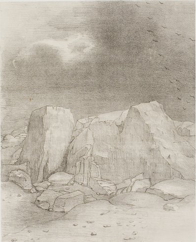 Y discierne una llanura árida y cubierta de colinas, lámina 7 de 24 de Odilon Redon