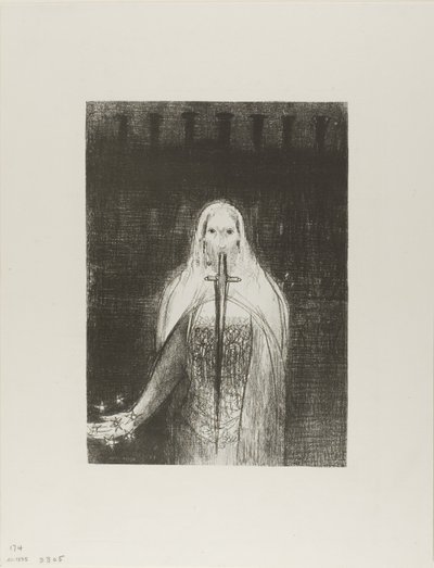 Y tenía en su mano derecha siete estrellas; y de su boca salía una espada aguda de dos filos, placa 1 de 12 de Odilon Redon