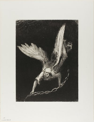 Y vi a un ángel descender del cielo, con la llave del abismo y una gran cadena en su mano, lámina 8 de 12 de Odilon Redon