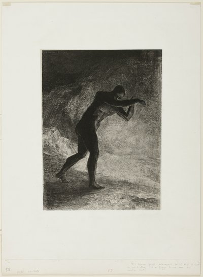 Y el hombre apareció; Cuestionando la tierra de la que emergió y que lo atrajo, se dirigió hacia un brillo sombrío, placa 8 de 8 de "Los Orígenes" de Odilon Redon