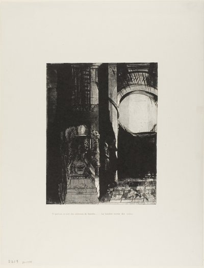 Y en todos lados hay columnas de basalto,...la luz cae desde el techo abovedado, lámina 3 de 24 de Odilon Redon
