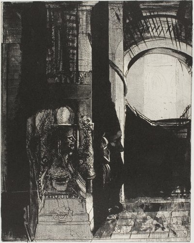 Y por todos lados hay columnas de basalto,...la luz cae desde el techo abovedado, lámina 3 de 24 de Odilon Redon