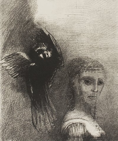 Y un gran pájaro, descendiendo del cielo, se lanza contra el punto más alto de su cabello, lámina 3 de 10 de Odilon Redon