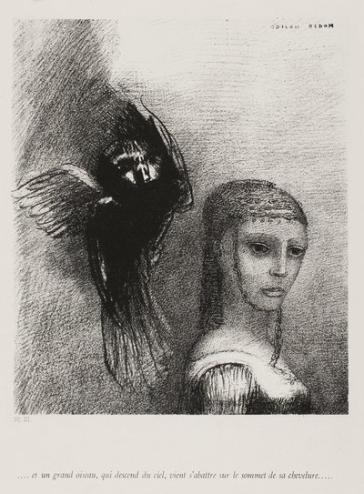Y un gran pájaro, descendiendo del cielo, se lanza contra la punta más alta de su cabello, lámina 3 de 10 de Odilon Redon