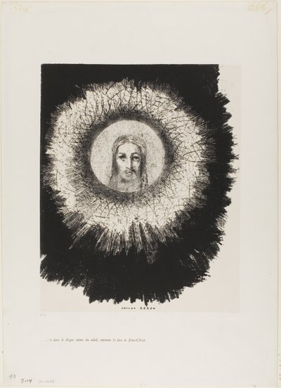 Y en el mismo disco del sol ilumina el rostro de Jesucristo, lámina 10 de La tentación de San Antonio (1ª serie) de Odilon Redon