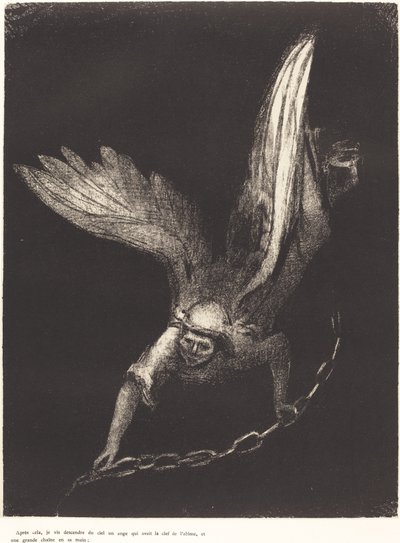 Después de esto vi descender del cielo un ángel que tenía la llave del abismo y una gran cadena en su mano de Odilon Redon
