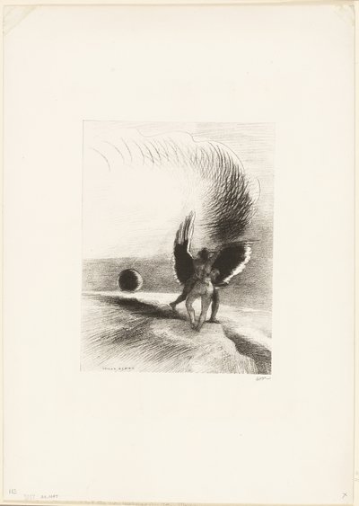 Bajo el ala de sombra la criatura negra mordía enérgicamente, placa 4 de 6 de Odilon Redon