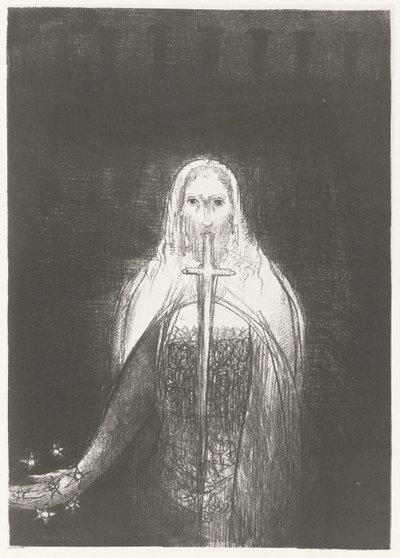 Christus pone sterren en la mano Y tenía en su mano derecha siete estrellas, y de su boca salía una espada aguda de dos filos Apocalipsis de San Juan (título de la serie) Openbaring van Johannes (título de la serie) de Odilon Redon