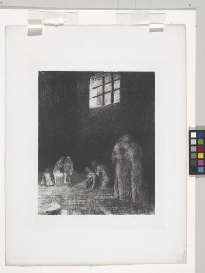 En la sombra la gente llora y reza... (litografía sobre papel chine appliqué) de Odilon Redon