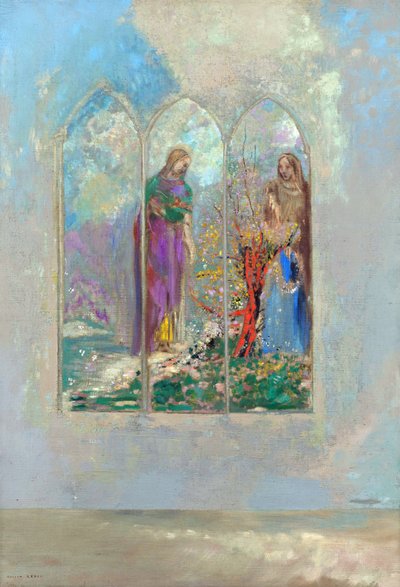 Devoción cerca de un arbusto rojo de Odilon Redon