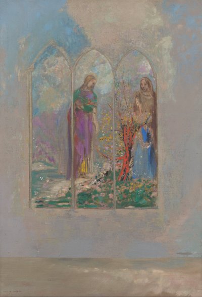 Devoción cerca de un arbusto rojo de Odilon Redon