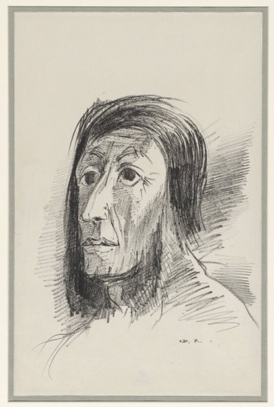 Cabeza enmarcada por pelo negro con ojos muy abiertos y entablillados de Odilon Redon