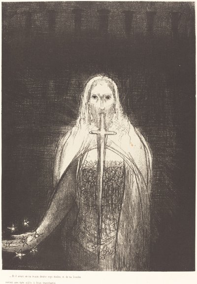 Y tenía en su mano derecha siete estrellas, y de su boca salía una espada aguda de dos filos de Odilon Redon
