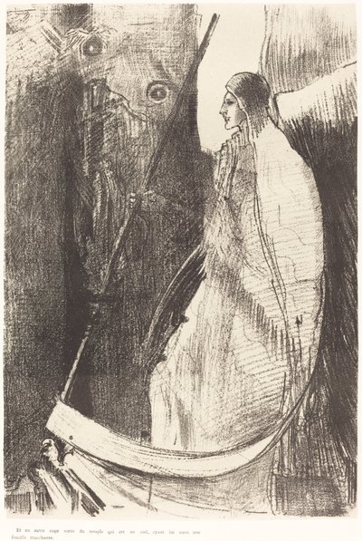 Y otro ángel salió del templo que está en el cielo, teniendo él también una hoz afilada de Odilon Redon