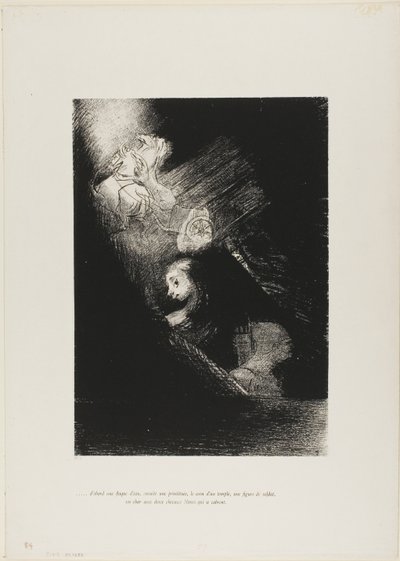 Primero un estanque de agua, luego una prostituta, la esquina de un templo, el rostro de un soldado, un carro con dos caballos blancos encabritados, lámina 1 de La tentación de San Antonio (1ª serie). de Odilon Redon