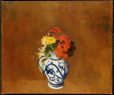 Geranios y otras flores en un jarrón de gres de Odilon Redon