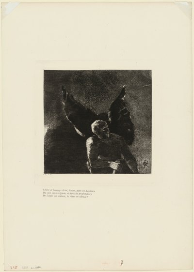 Gloria y alabanza a ti, Satanás, en las alturas del cielo, donde reinaste, y en las profundidades del infierno, donde, vencido, sueñas en silencio!, lámina 8 de 9 de Odilon Redon