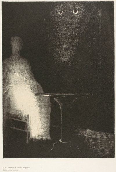 Seguí mirando la silla y me imaginé ver en ella un contorno azul pálido y brumoso de una figura humana, placa 1 de 6 de Odilon Redon