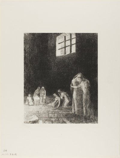 En la sombra hay personas, llorando y rezando, rodeadas por otros que los exhortan, lámina 6 de 24 de Odilon Redon