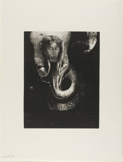 Oannes: "Yo, la primera conciencia en el caos, surgí del abismo para endurecer la materia, para determinar formas," lámina 14 de La tentación de San Antonio (3ª serie) de Odilon Redon