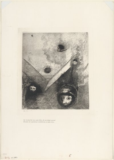 En el telón de fondo de nuestras noches, Dios con su dedo sabio traza una pesadilla multiforme implacable, placa 6 de 9 de Odilon Redon