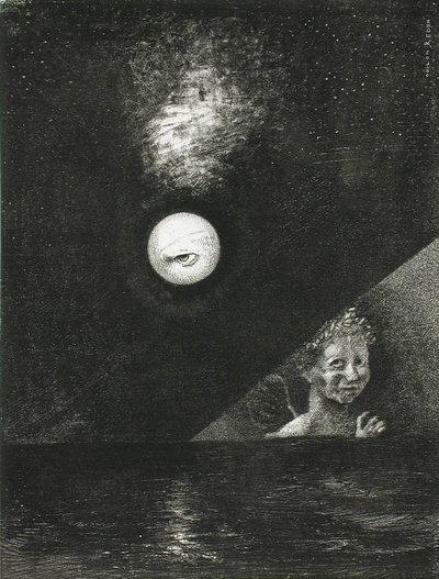 En el horizonte, el ángel de la certidumbre, y en el cielo oscuro, una mirada interrogante. Serie: Para Edgar de Odilon Redon