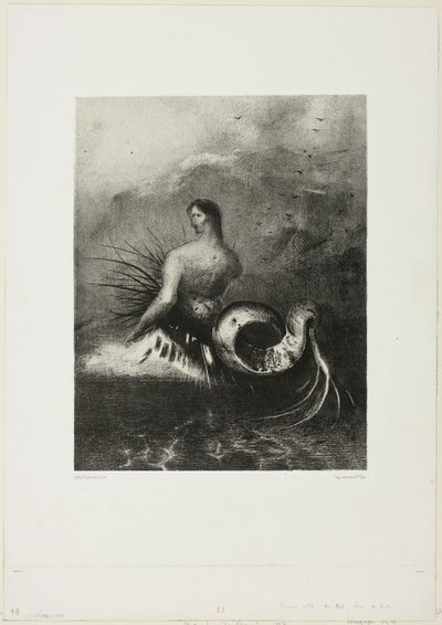 Sirena Saliendo de las Olas, Vestida en Llamas, lámina 4 de 8 de "Les Origines" de Odilon Redon