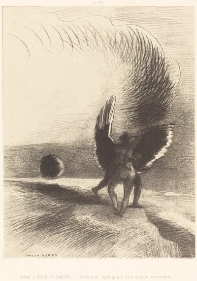 Bajo el ala de sombra, la criatura negra mordía enérgicamente de Odilon Redon
