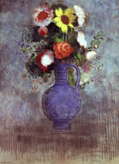 Naturaleza muerta de flores en un jarrón azul de Odilon Redon